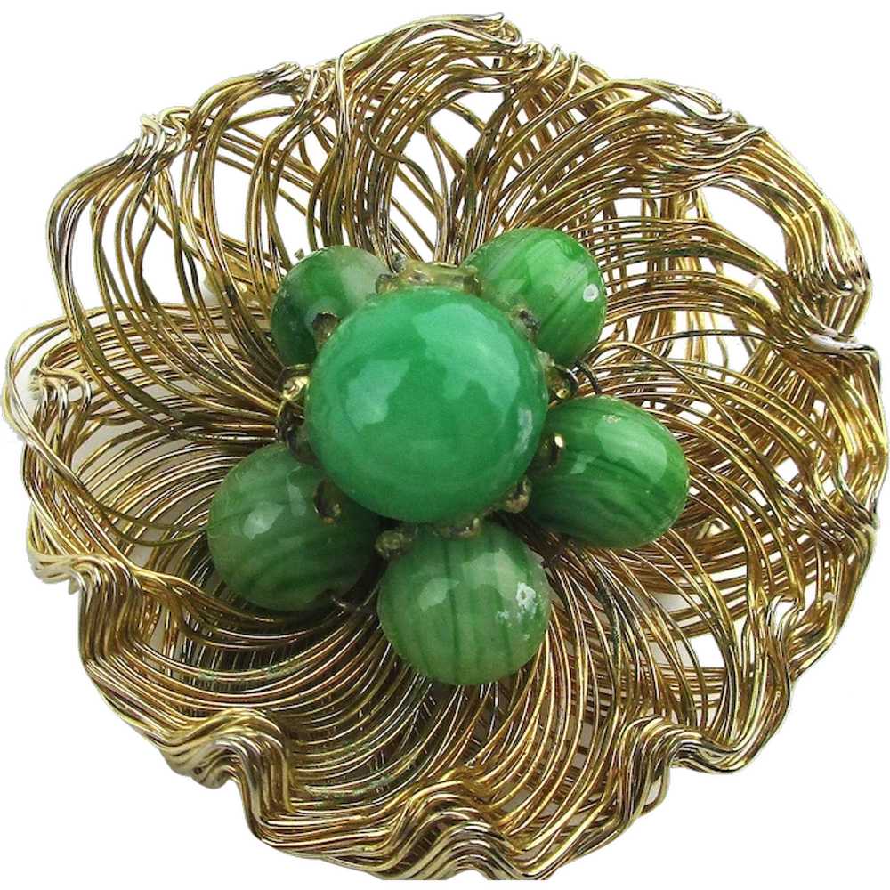 Signed WEISS Gilt Wire Flower Pin w/ Jade Glass - image 1