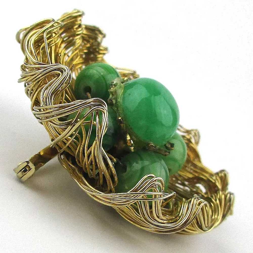 Signed WEISS Gilt Wire Flower Pin w/ Jade Glass - image 2