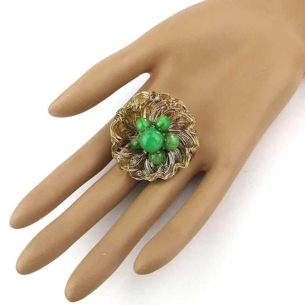 Signed WEISS Gilt Wire Flower Pin w/ Jade Glass - image 5