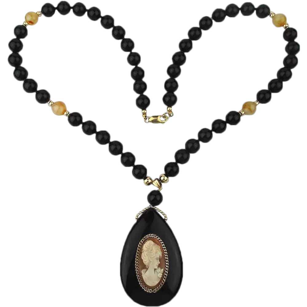 Black Onyx Bead Necklace w/ Carved Shell Cameo Pe… - image 1