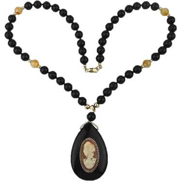 Black Onyx Bead Necklace w/ Carved Shell Cameo Pe… - image 1