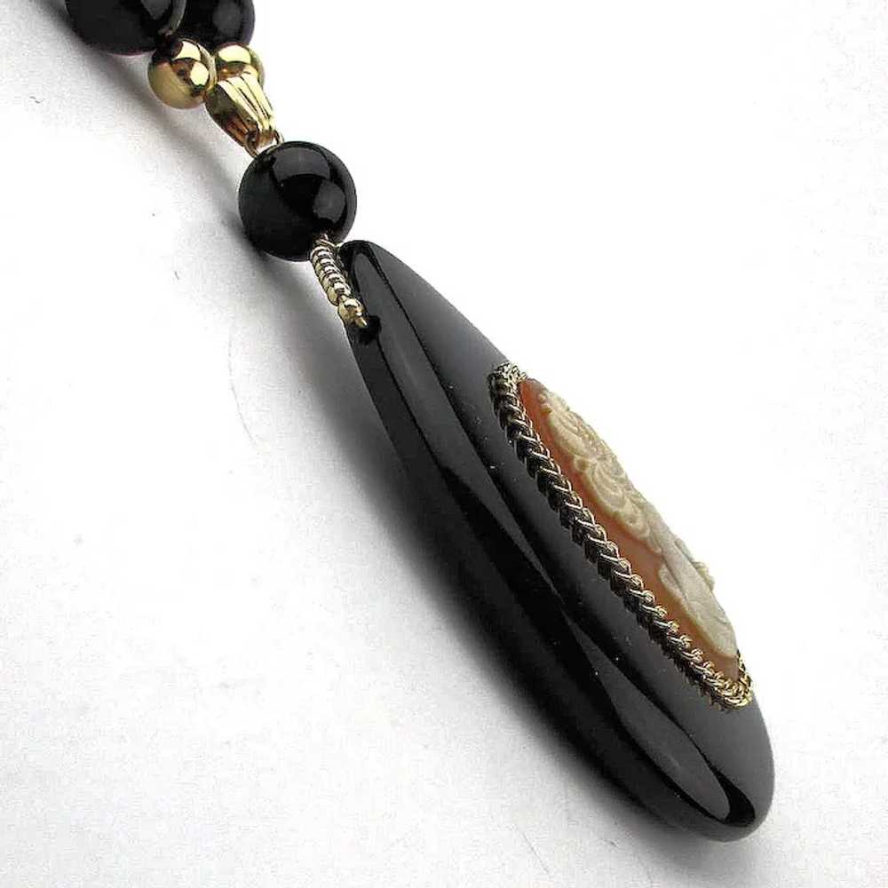 Black Onyx Bead Necklace w/ Carved Shell Cameo Pe… - image 3