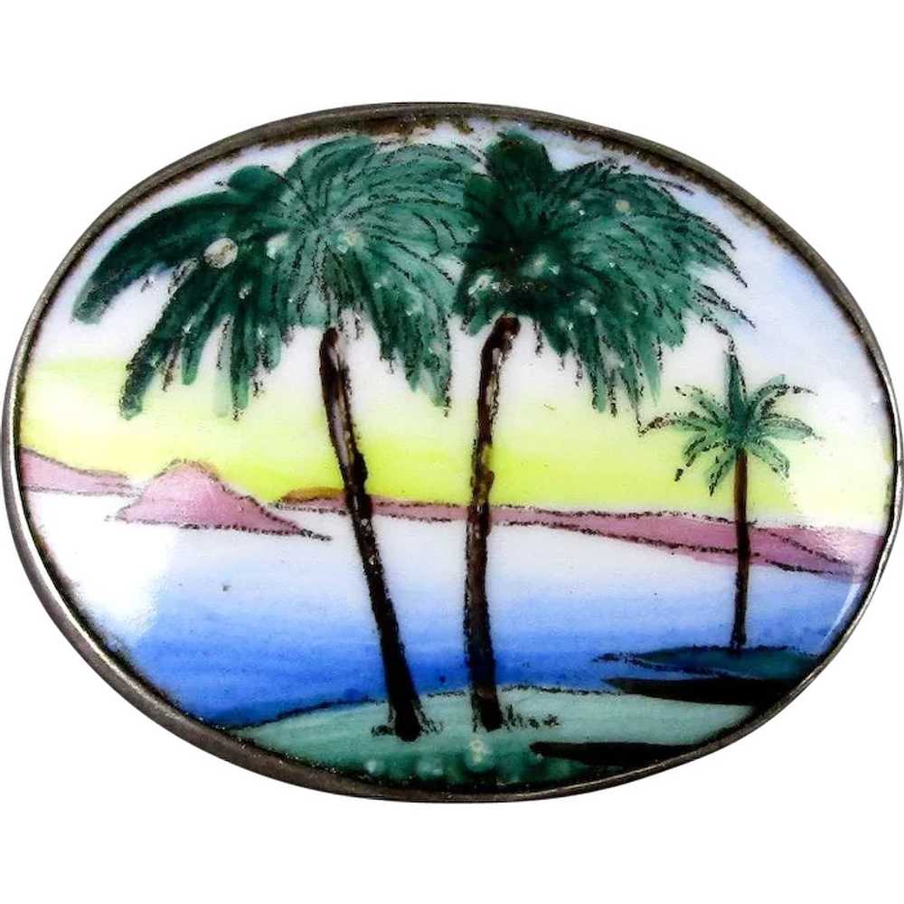 Sterling Silver Hand-Painted Porcelain Pin Palm T… - image 1