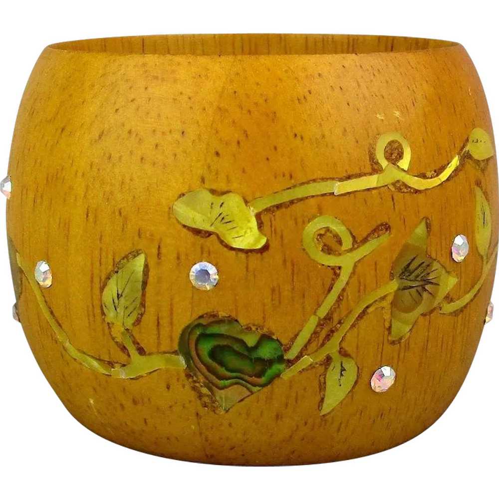 Wide Wood Bangle Bracelet Inlaid w/ MOP - Rhinest… - image 1