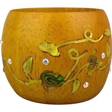 Wide Wood Bangle Bracelet Inlaid w/ MOP - Rhinesto