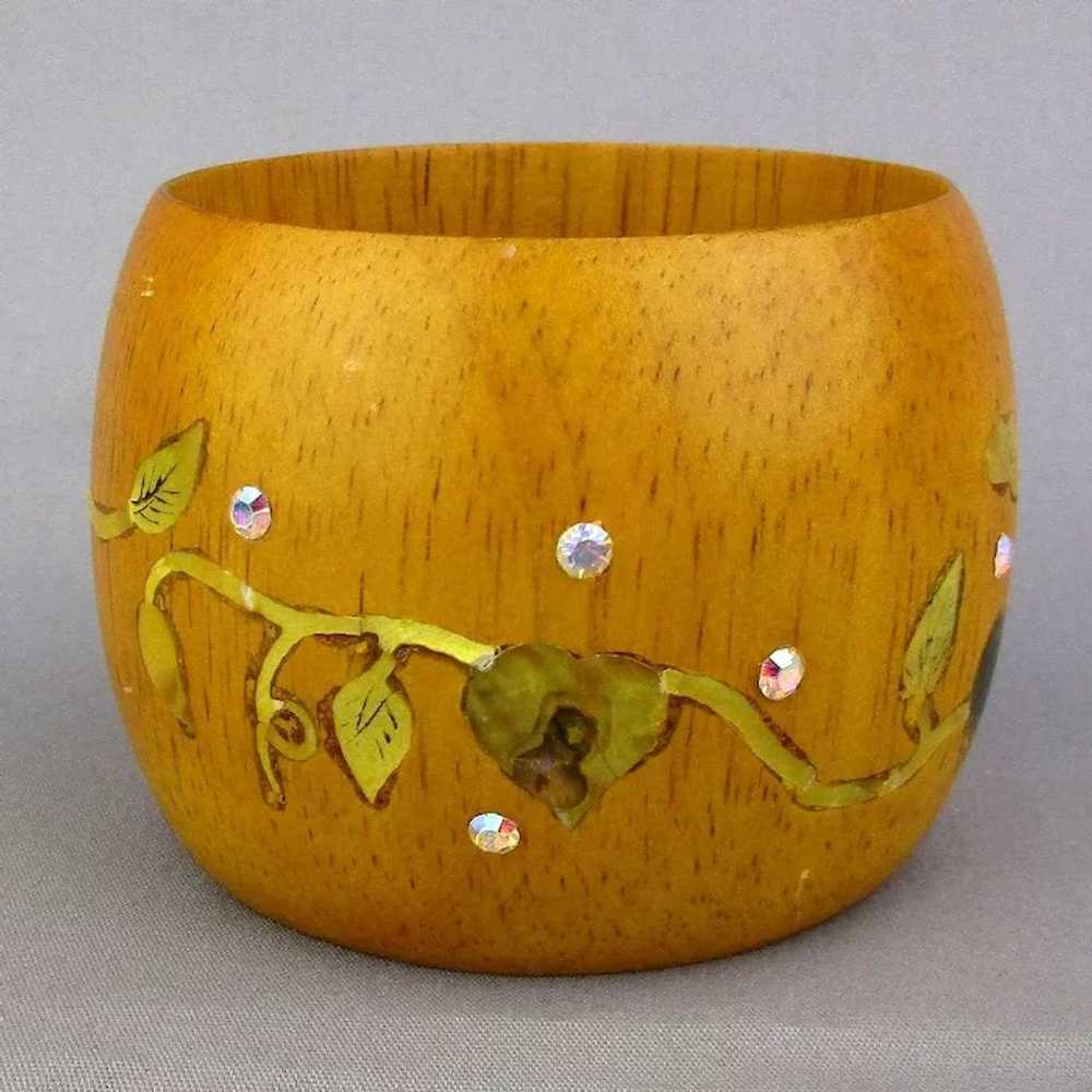 Wide Wood Bangle Bracelet Inlaid w/ MOP - Rhinest… - image 2