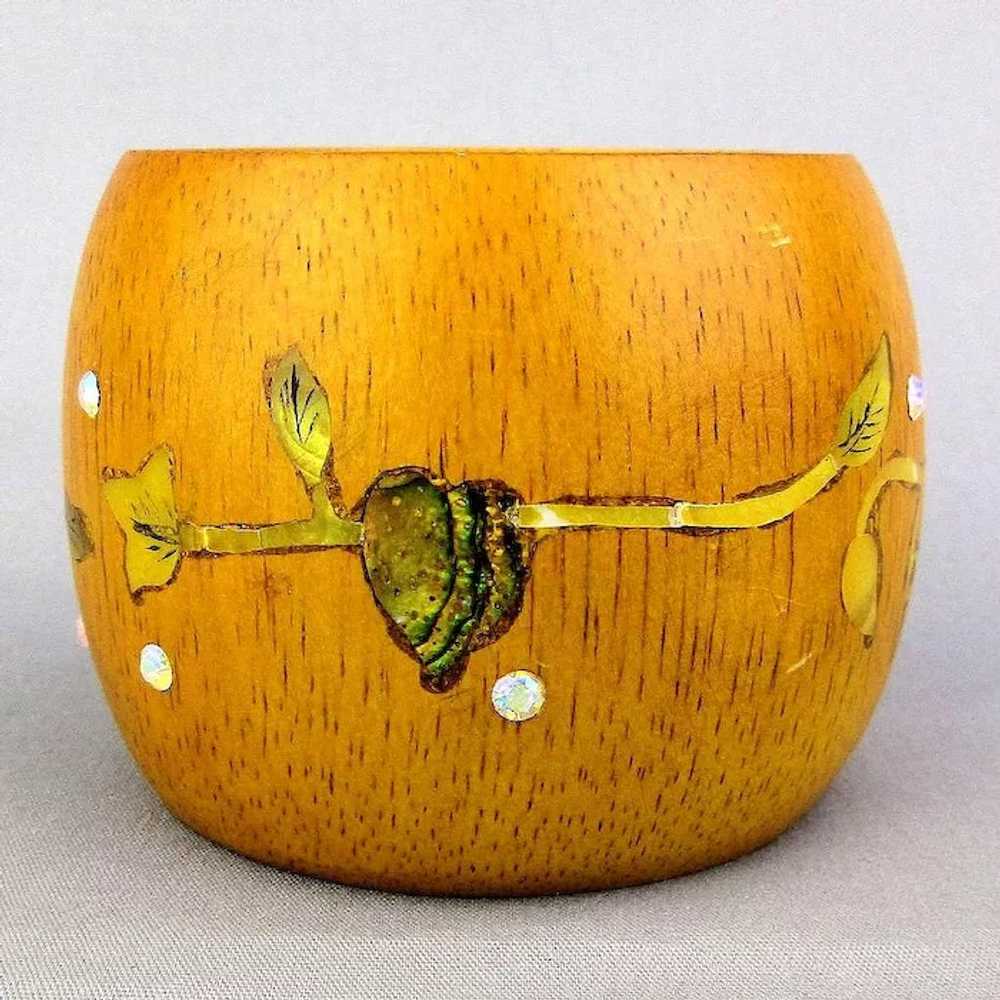 Wide Wood Bangle Bracelet Inlaid w/ MOP - Rhinest… - image 3