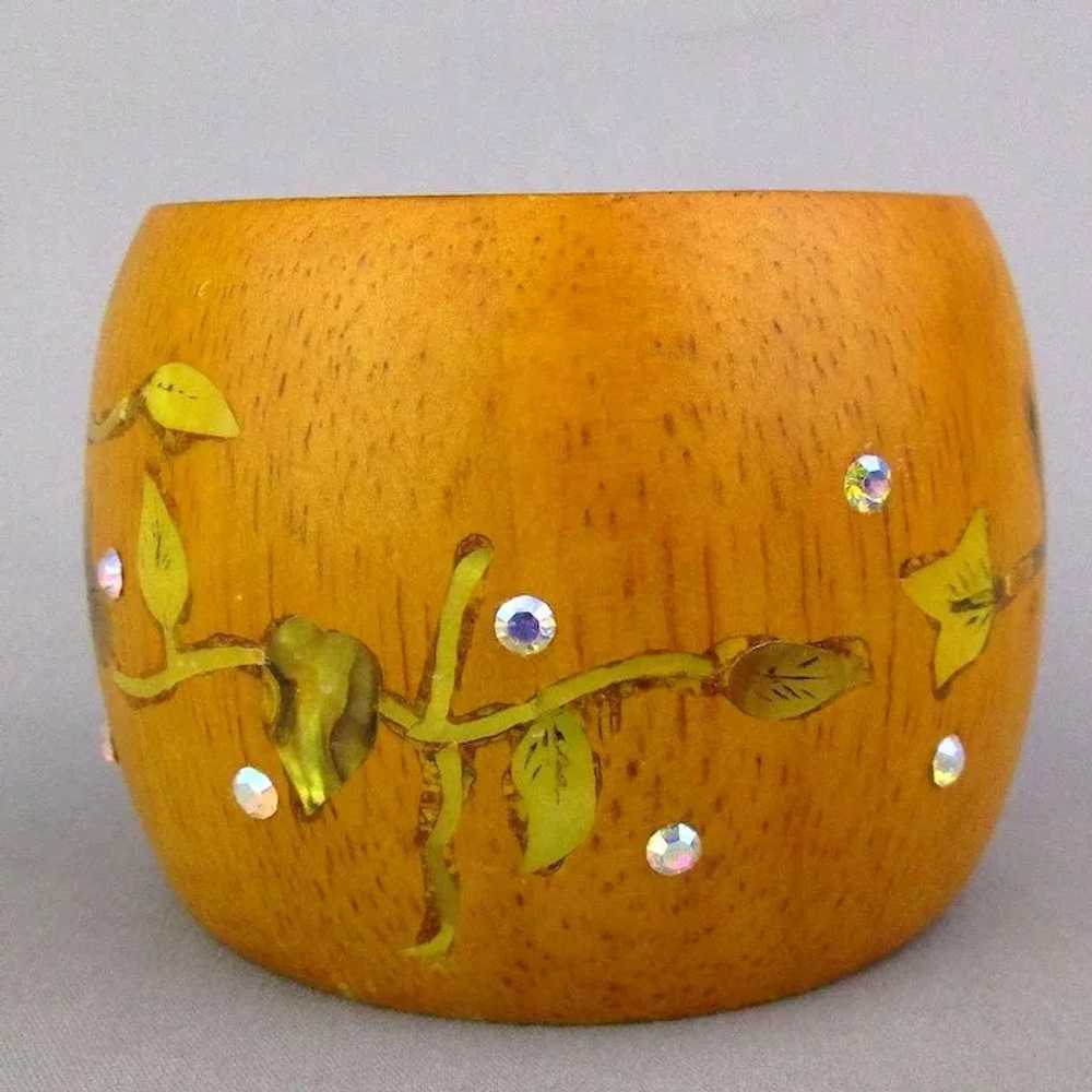 Wide Wood Bangle Bracelet Inlaid w/ MOP - Rhinest… - image 4