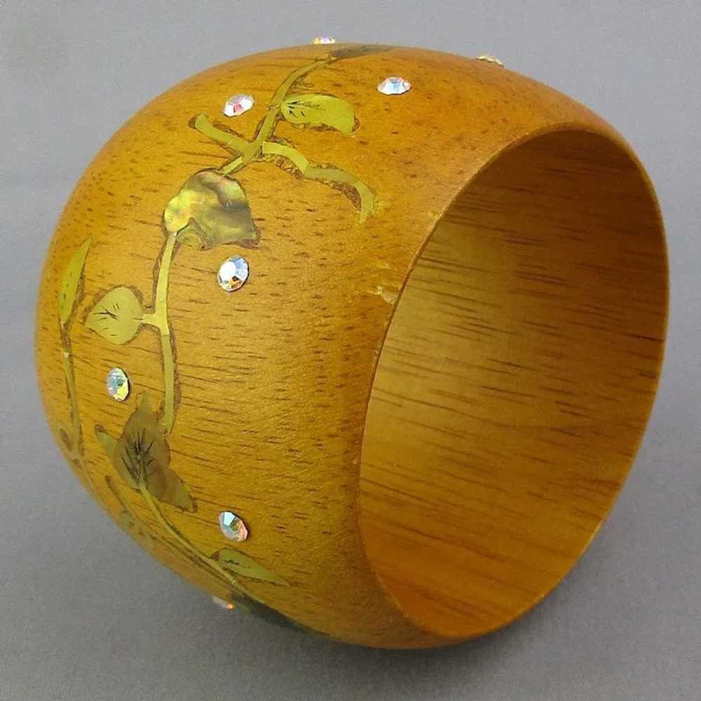 Wide Wood Bangle Bracelet Inlaid w/ MOP - Rhinest… - image 5