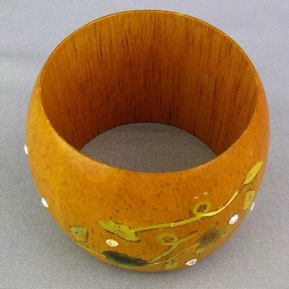 Wide Wood Bangle Bracelet Inlaid w/ MOP - Rhinest… - image 6