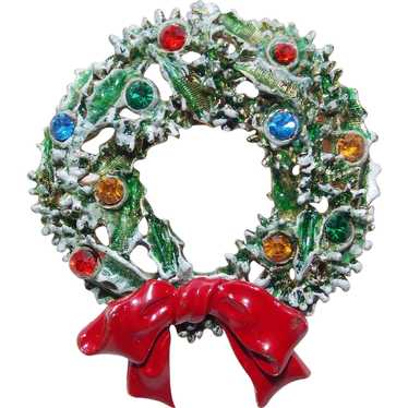 Awesome ART Christmas Wreath Brooch - with Enamel… - image 1