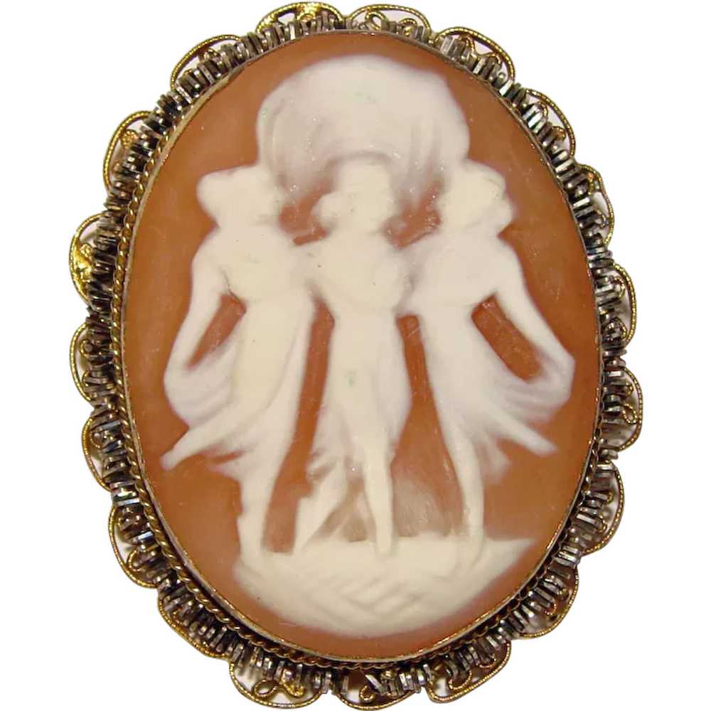 Gorgeous THREE GRACES Carved Shell Cameo Brooch - image 1