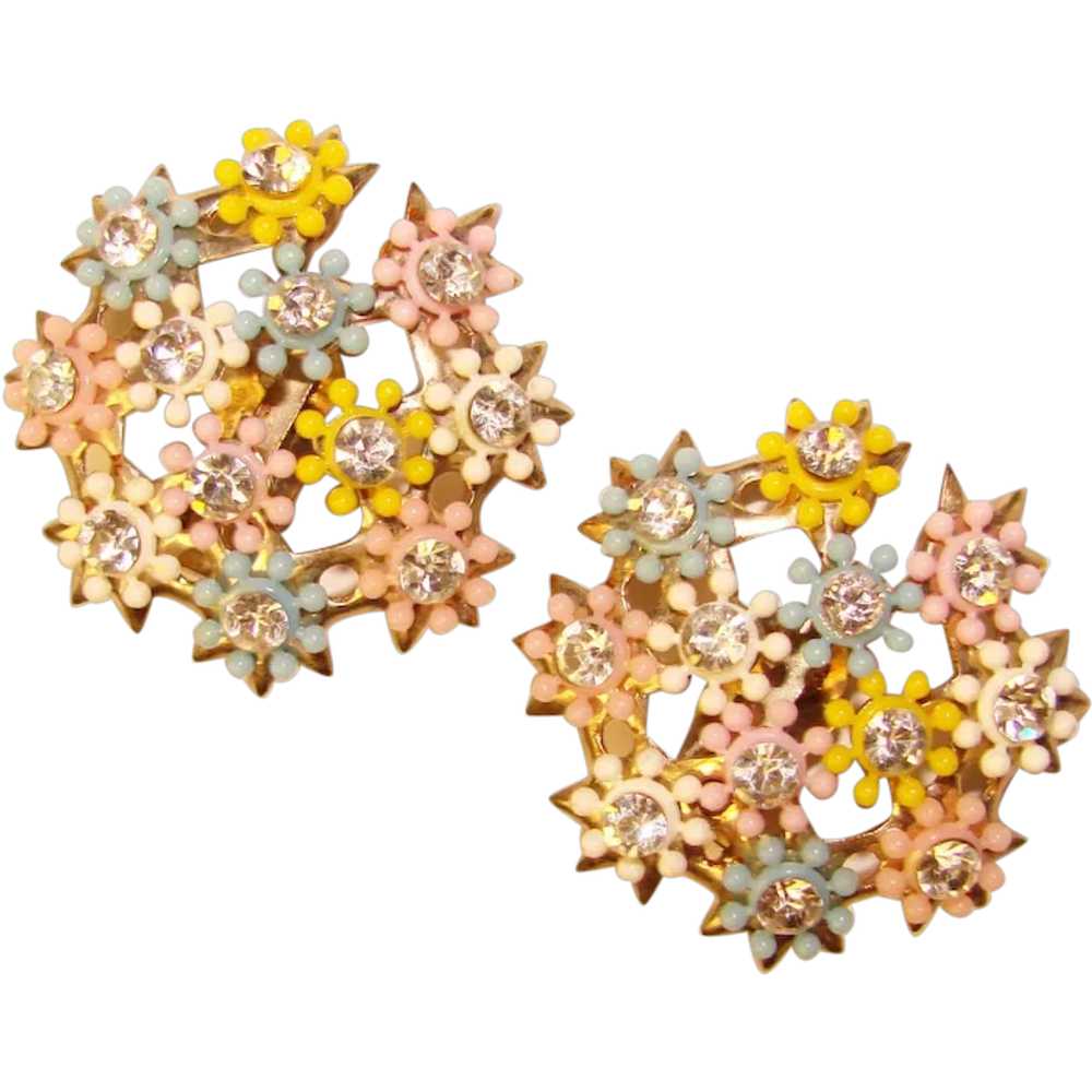 Gorgeous PASTEL FLOWERS & Rhinestones Vintage Ear… - image 1