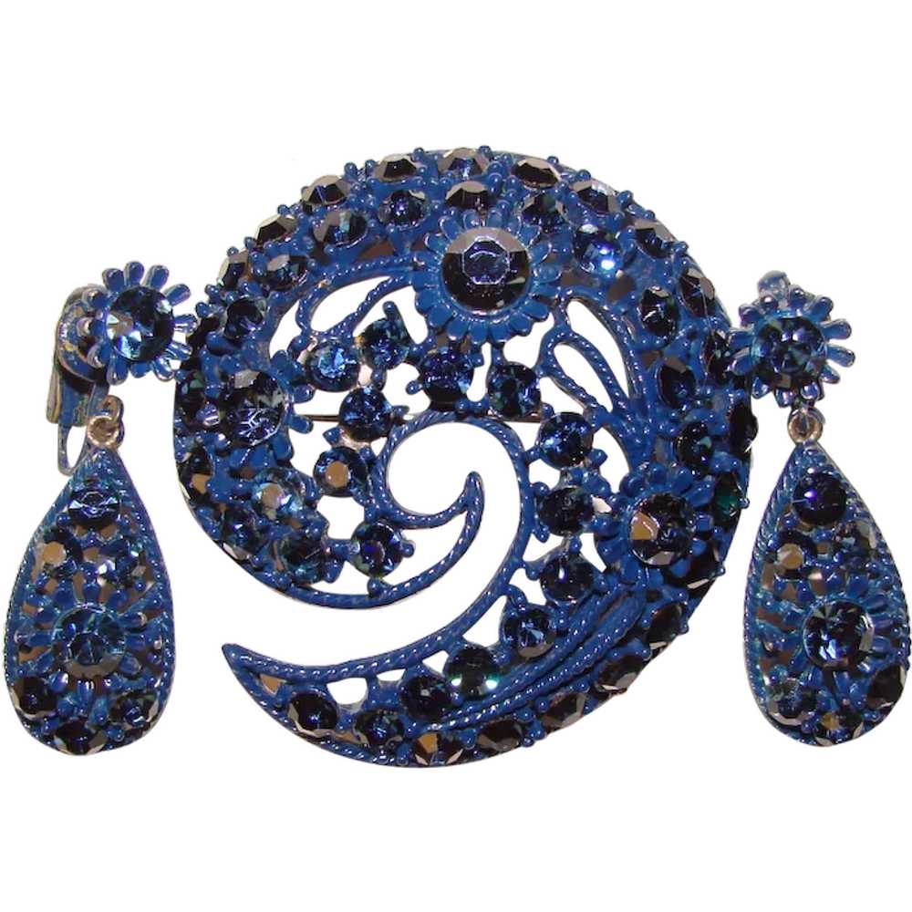Fabulous BLUE Enamel & Rhinestone Vintage Brooch … - image 1