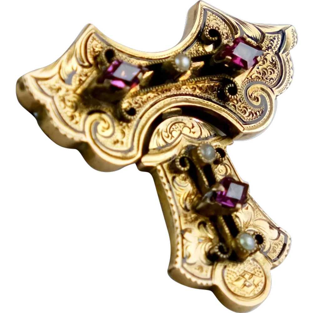Victorian Gold Amethyst Pearl Brooch Pin - image 1