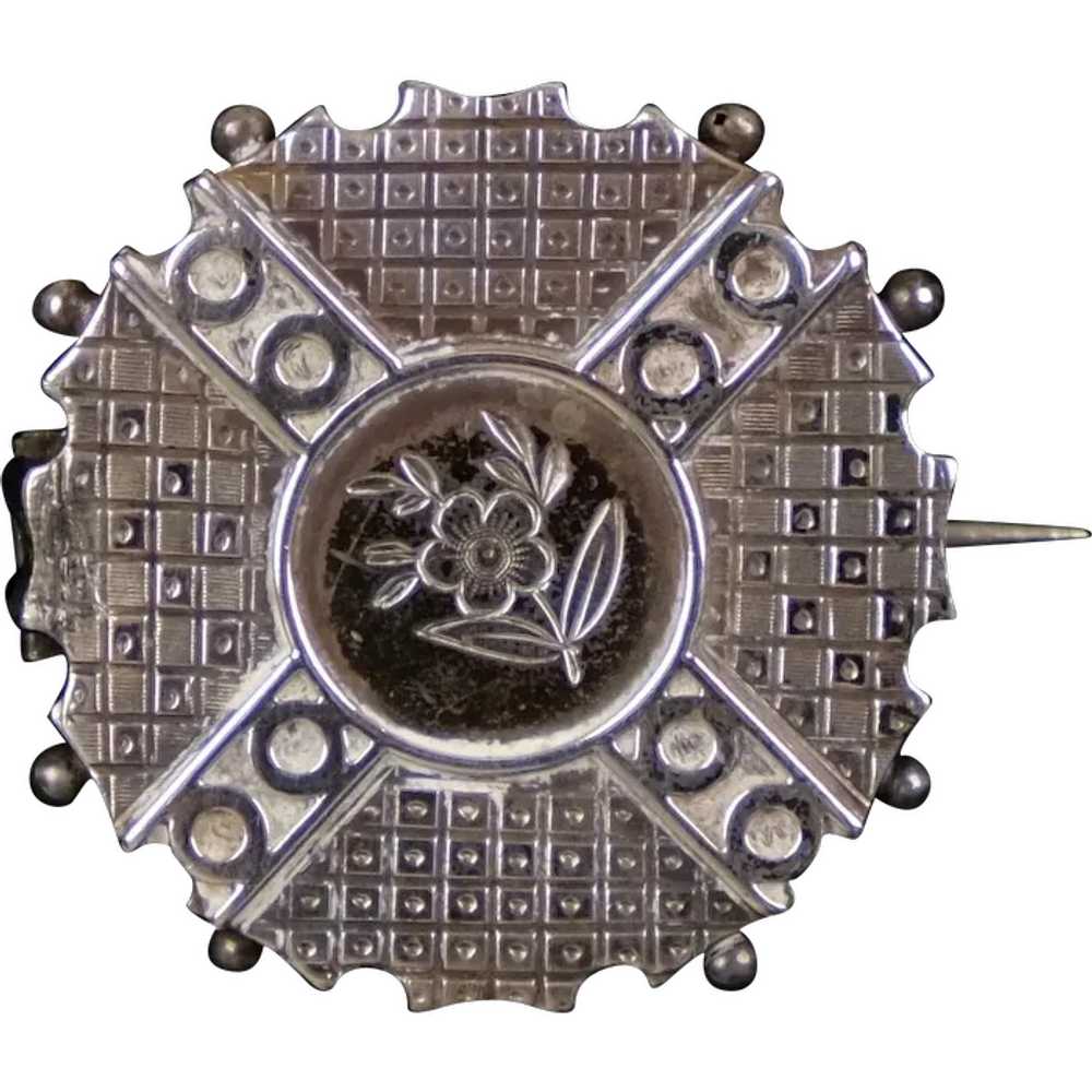 Victorian Repousse Sterling Silver Locket Brooch - image 1