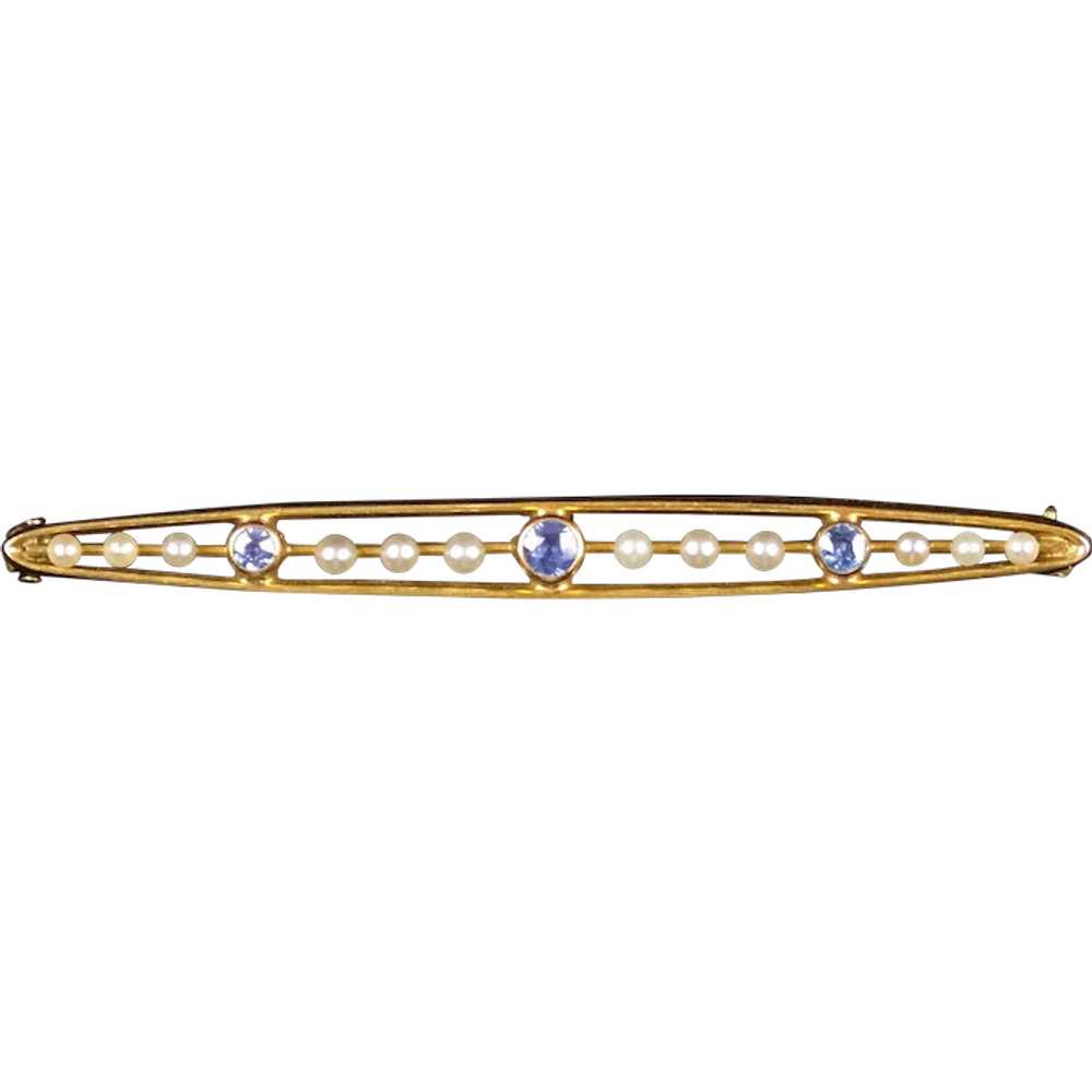 Edwardian 14K Gold Seed Pearl Sapphire Bar Pin - image 1