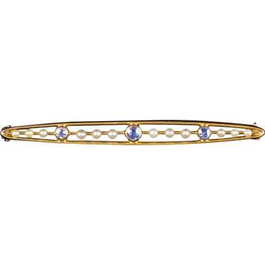 Edwardian 14K Gold Seed Pearl Sapphire Bar Pin - image 1