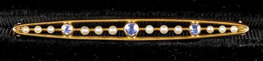 Edwardian 14K Gold Seed Pearl Sapphire Bar Pin - image 2