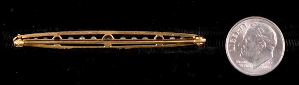 Edwardian 14K Gold Seed Pearl Sapphire Bar Pin - image 3