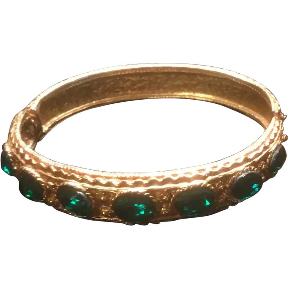 Textured Gold Tone Hinged Bracelet with 7 Oval Em… - image 1