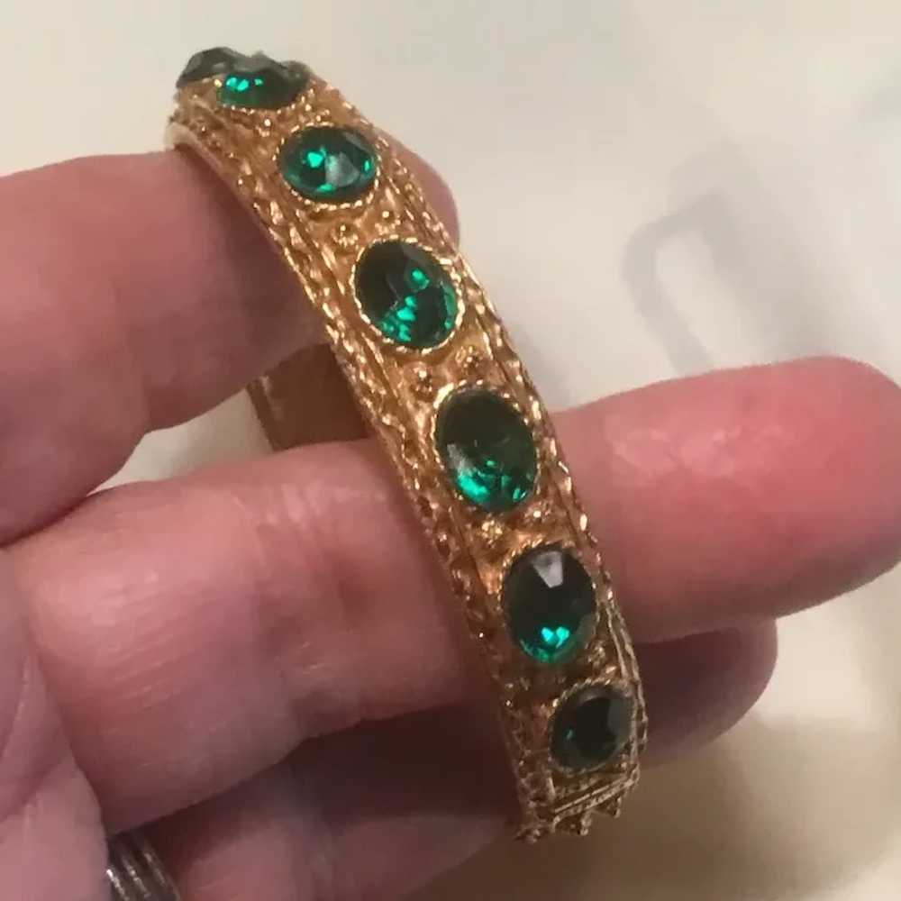 Textured Gold Tone Hinged Bracelet with 7 Oval Em… - image 2