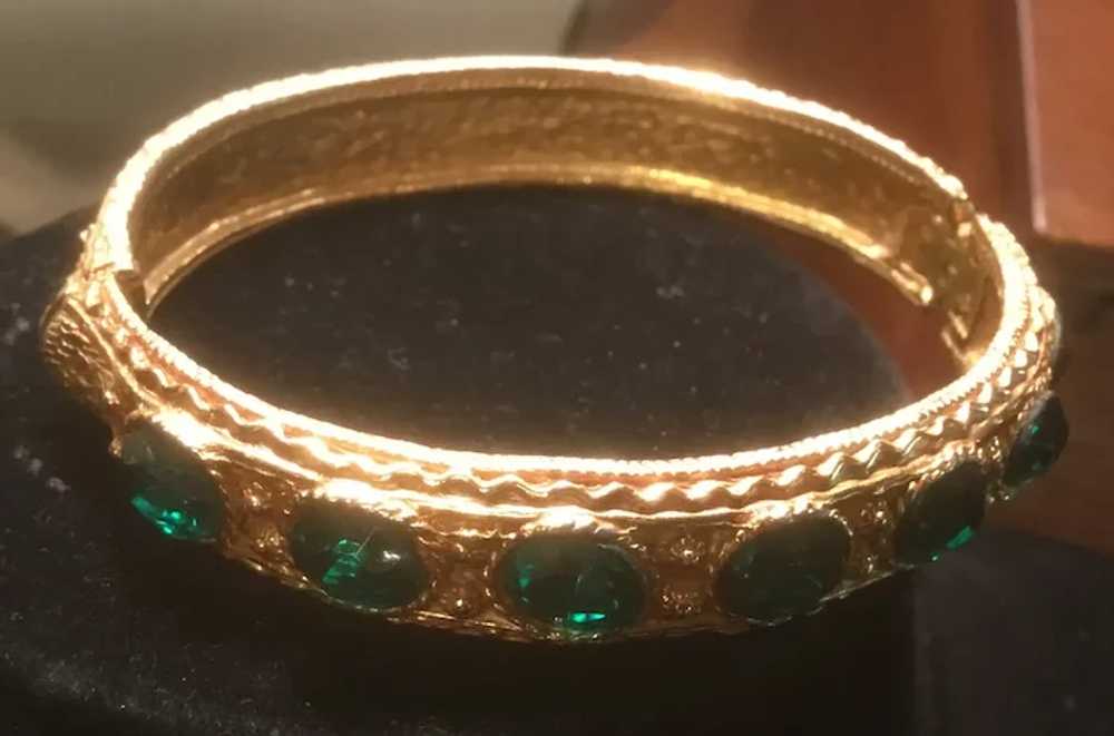 Textured Gold Tone Hinged Bracelet with 7 Oval Em… - image 6