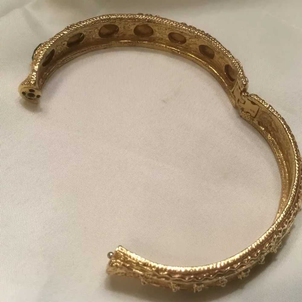 Textured Gold Tone Hinged Bracelet with 7 Oval Em… - image 7