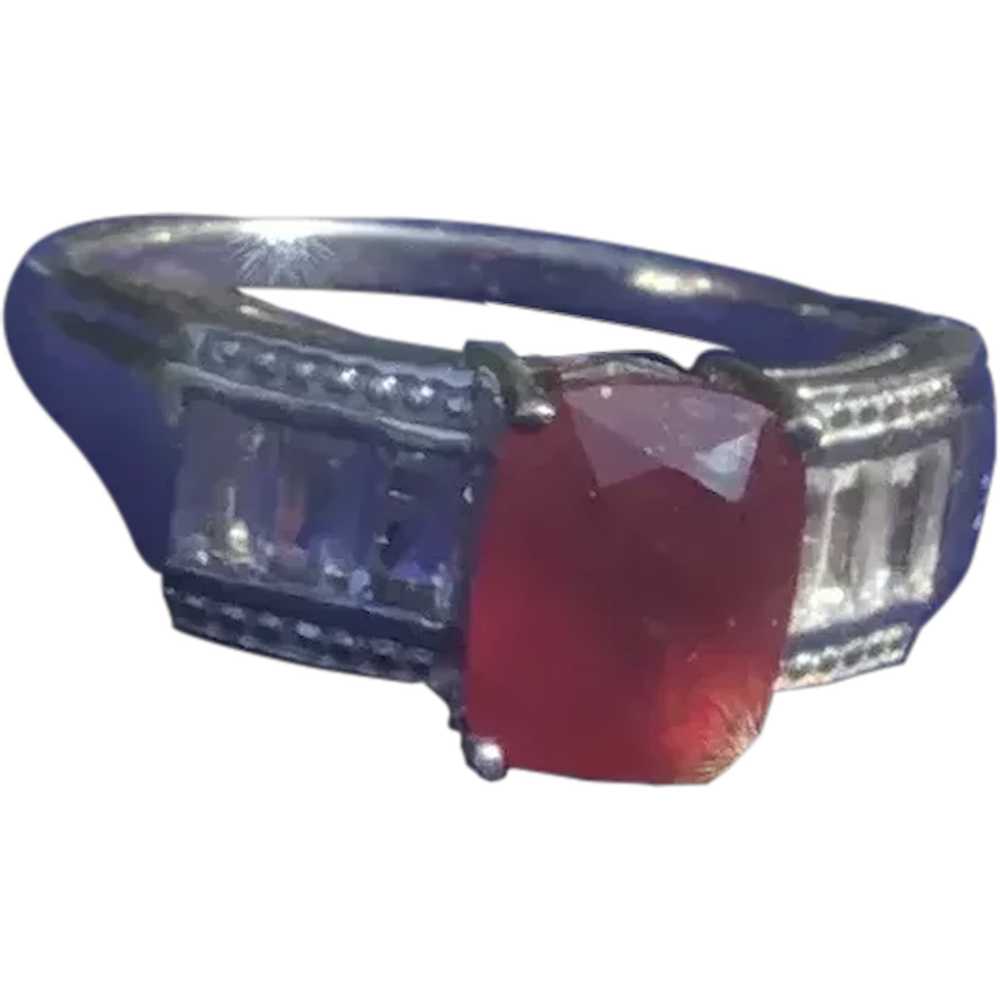 Size 10 Sterling Silver Ring with Emerald Cut Rub… - image 1