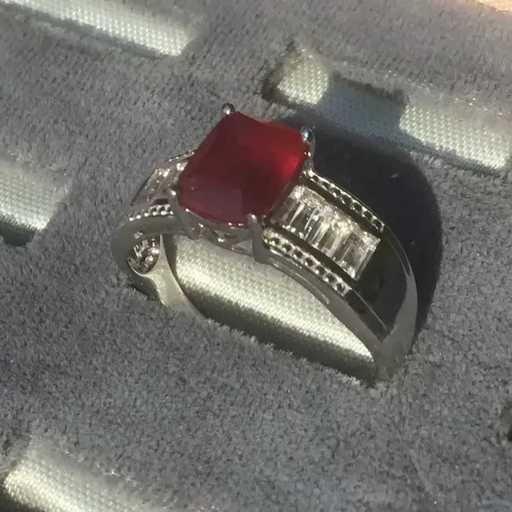 Size 10 Sterling Silver Ring with Emerald Cut Rub… - image 2