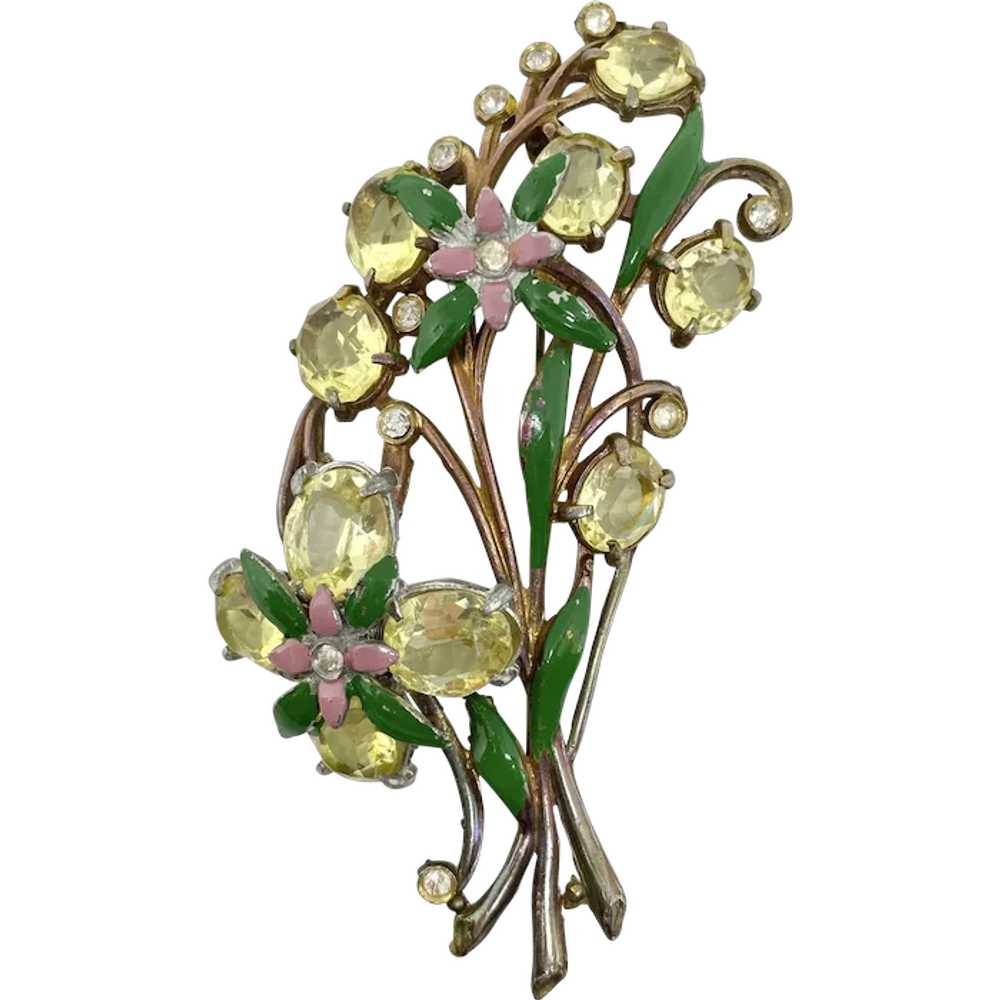 1940s Enamel Rhinestone Flower Brooch - Gem