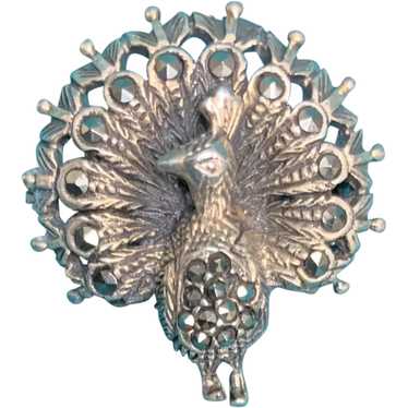 Vintage Peacock German 835 Silver Marcasite Brooch - image 1