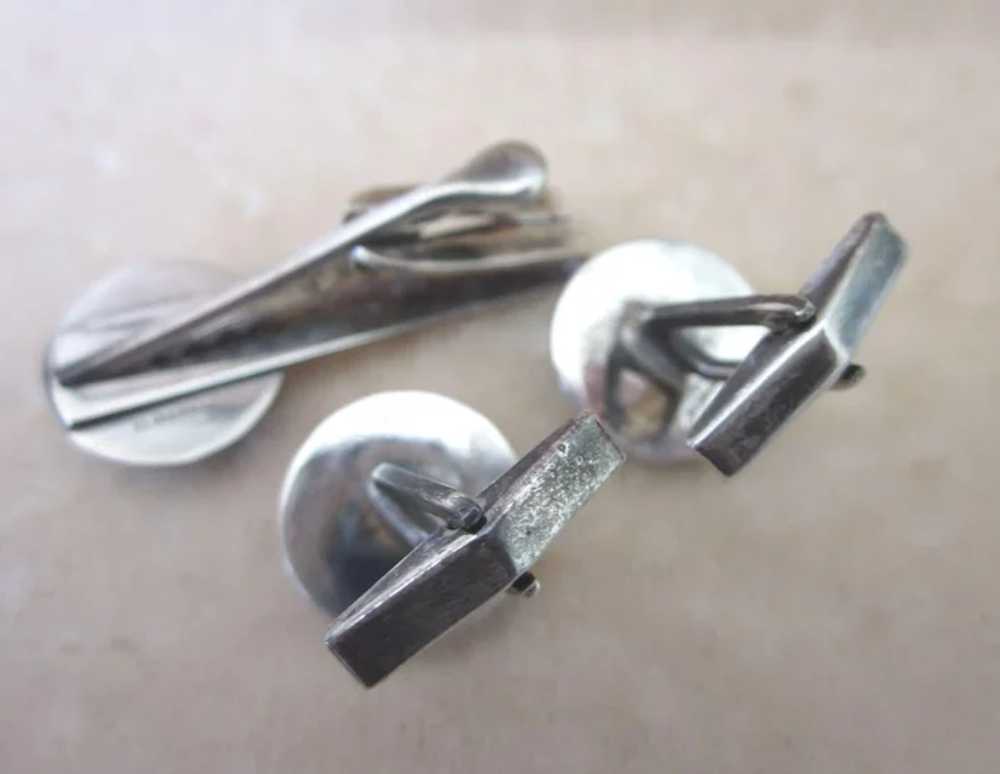 Elegant Art Deco 950 Silver Cufflinks and Tie Bar… - image 4