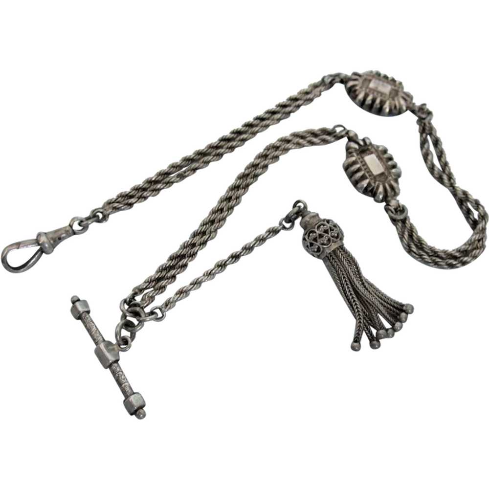 Exceptional Antique Sterling Watch Chain, Fob, Bar - image 1