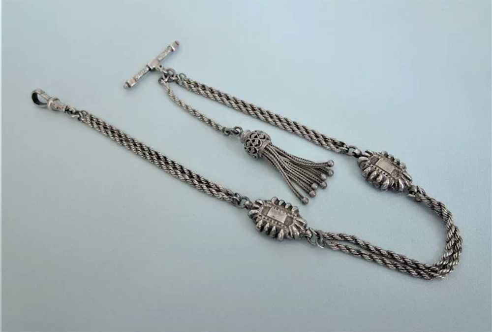 Exceptional Antique Sterling Watch Chain, Fob, Bar - image 2