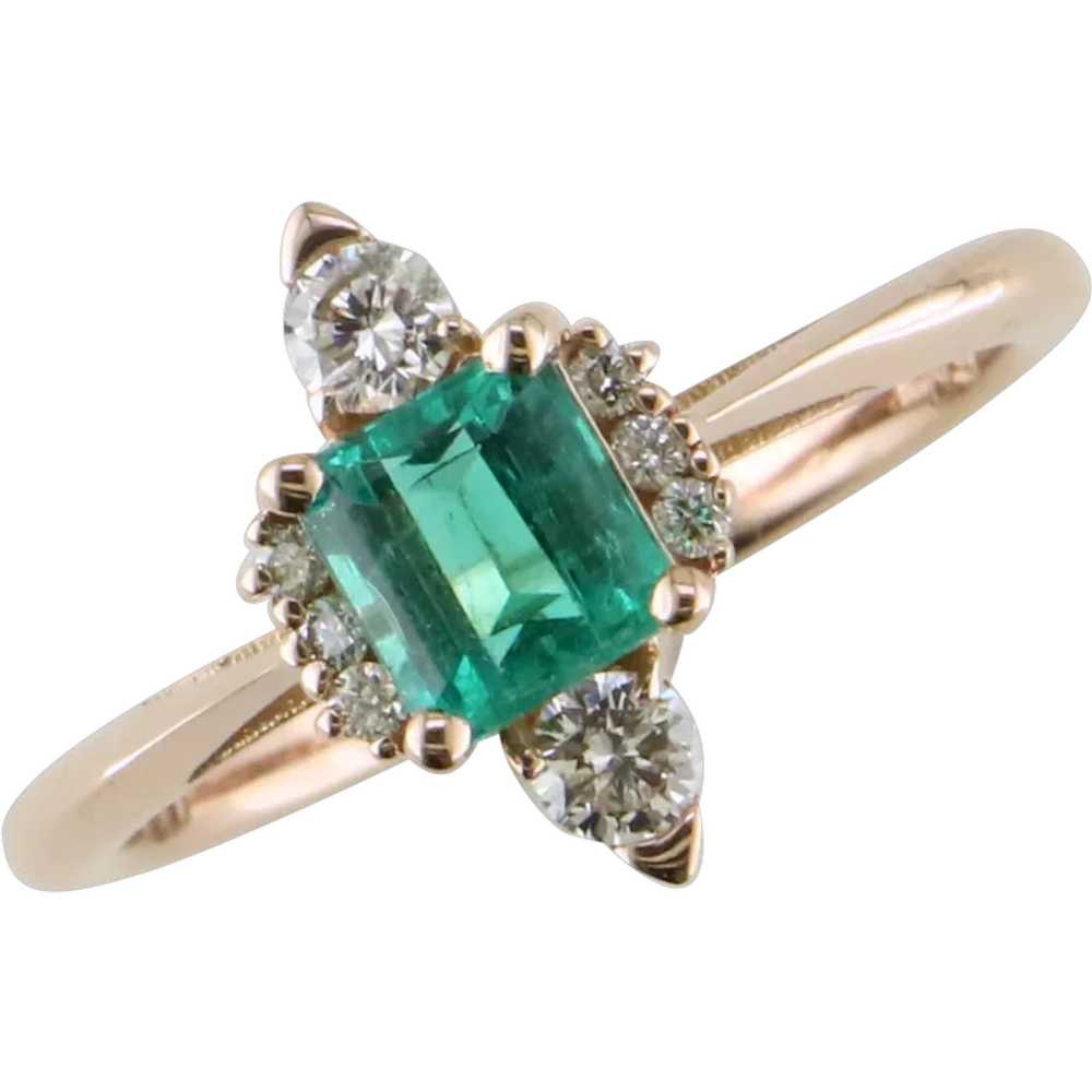14K Rose Gold Emerald and Diamond Ring - image 1