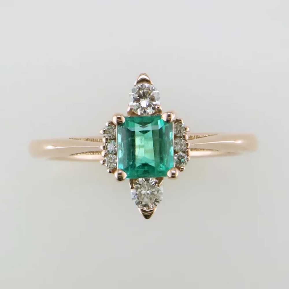 14K Rose Gold Emerald and Diamond Ring - image 3