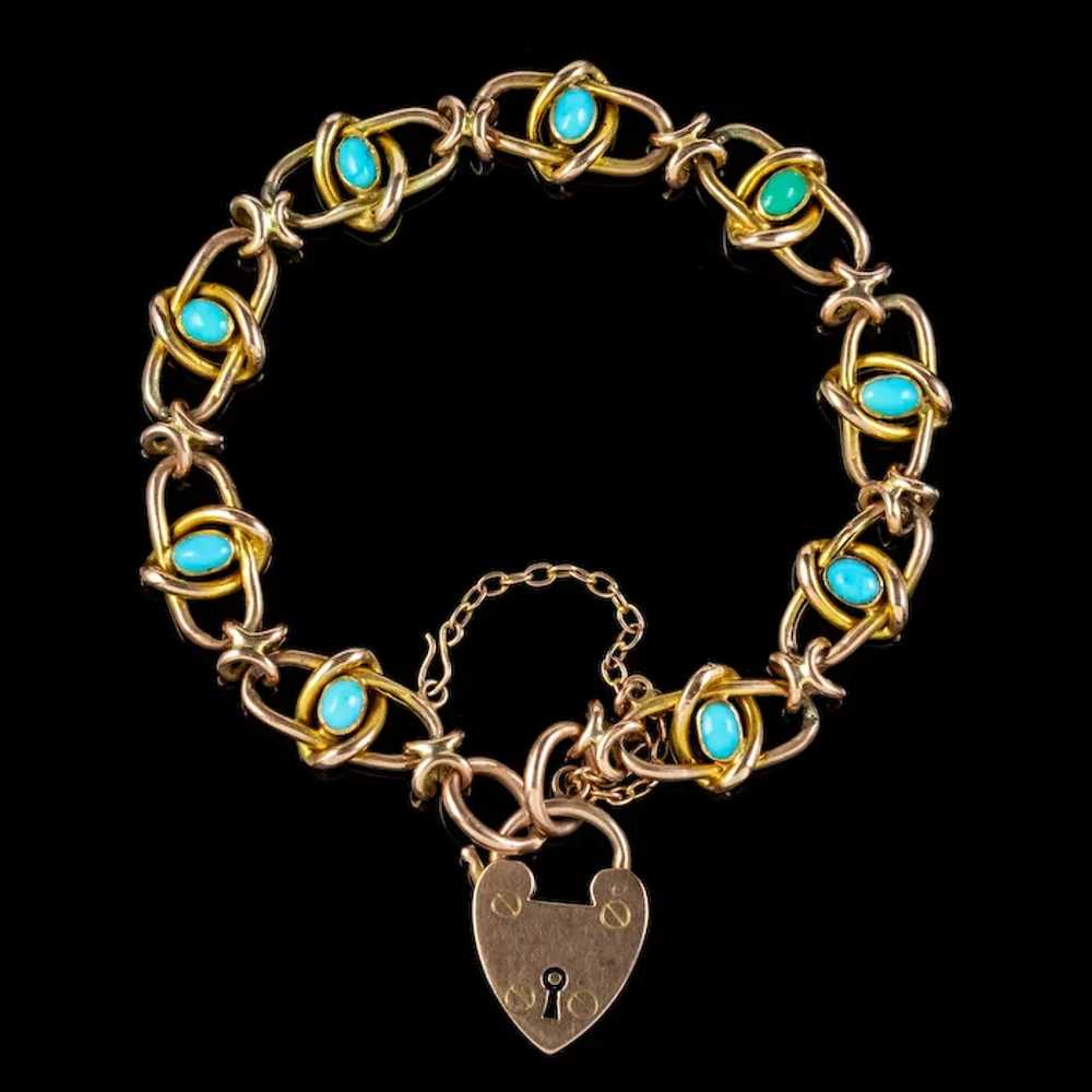 Antique Victorian Turquoise Bracelet 9ct Gold Hea… - image 2