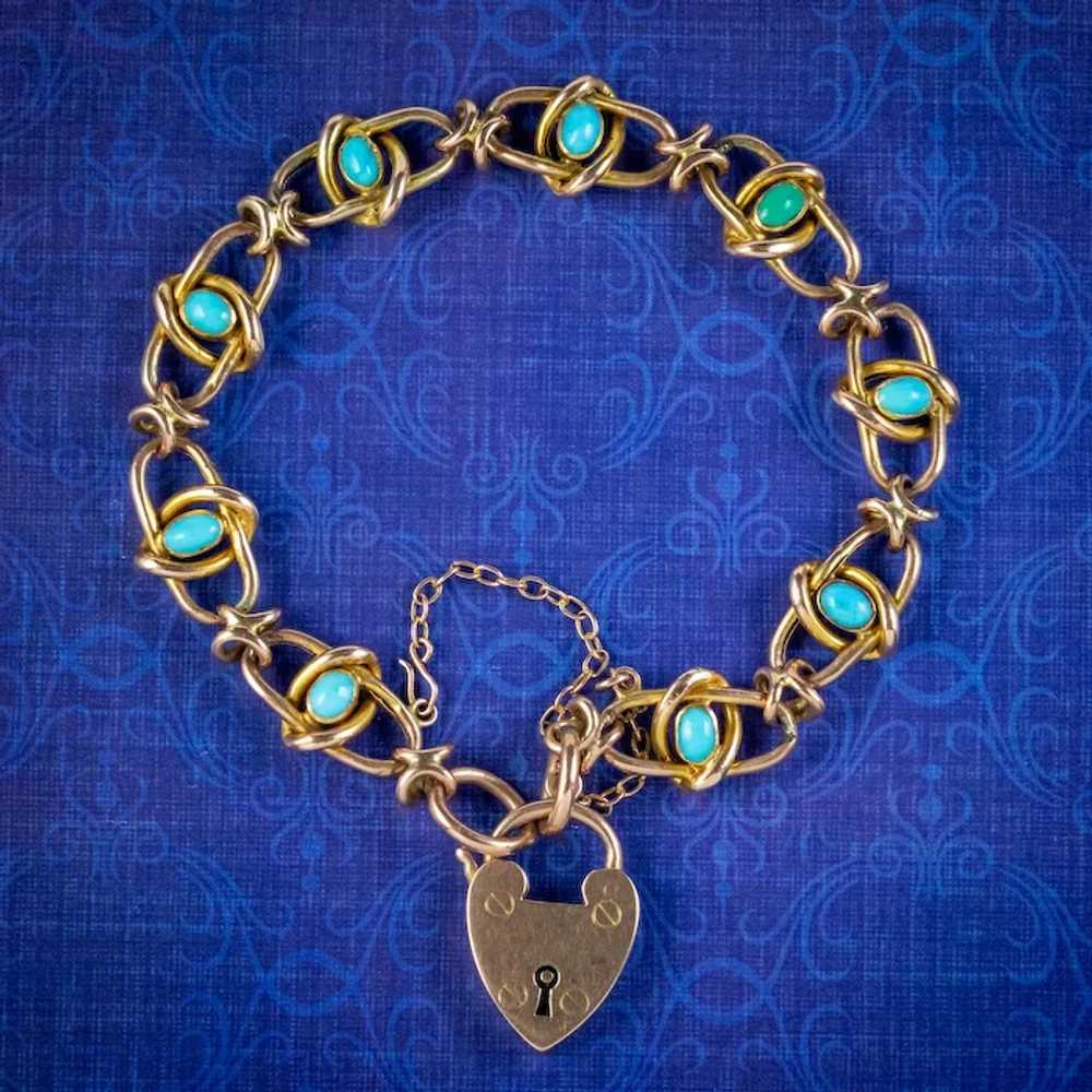 Antique Victorian Turquoise Bracelet 9ct Gold Hea… - image 3