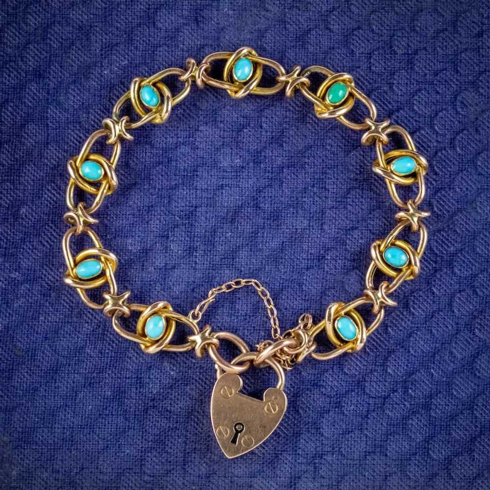 Antique Victorian Turquoise Bracelet 9ct Gold Hea… - image 8