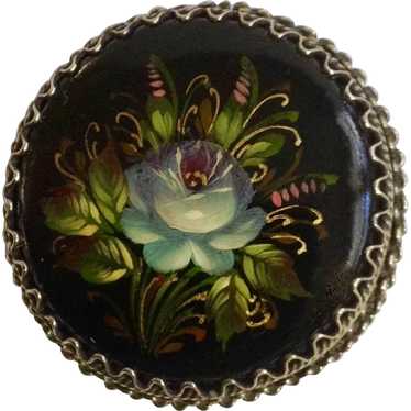 Russian Black Lacquer Blue Flower Hand Painted Fl… - image 1