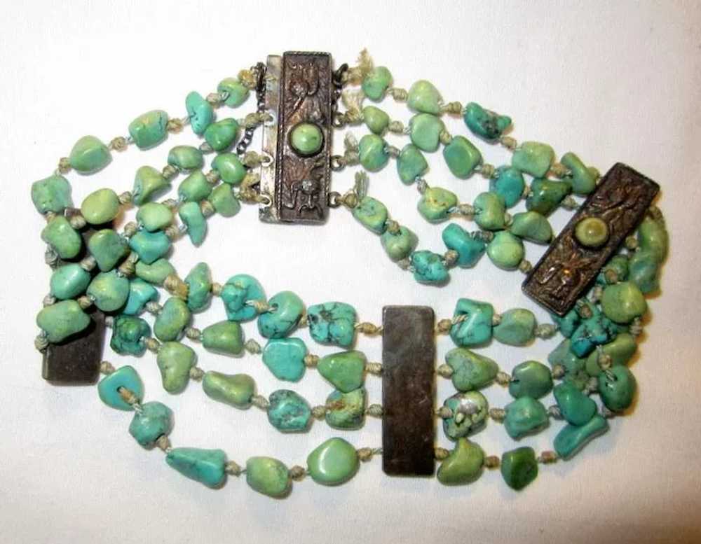 Chinese Turquoise Beaded and Silver Bracelet, Hal… - image 3
