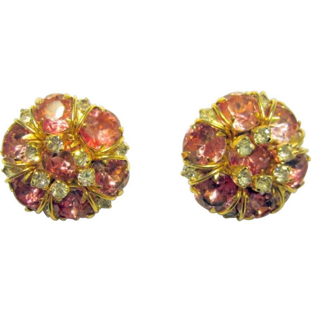 Hattie Carnegie Pink and Clear Rhinestone Clip-On… - image 1