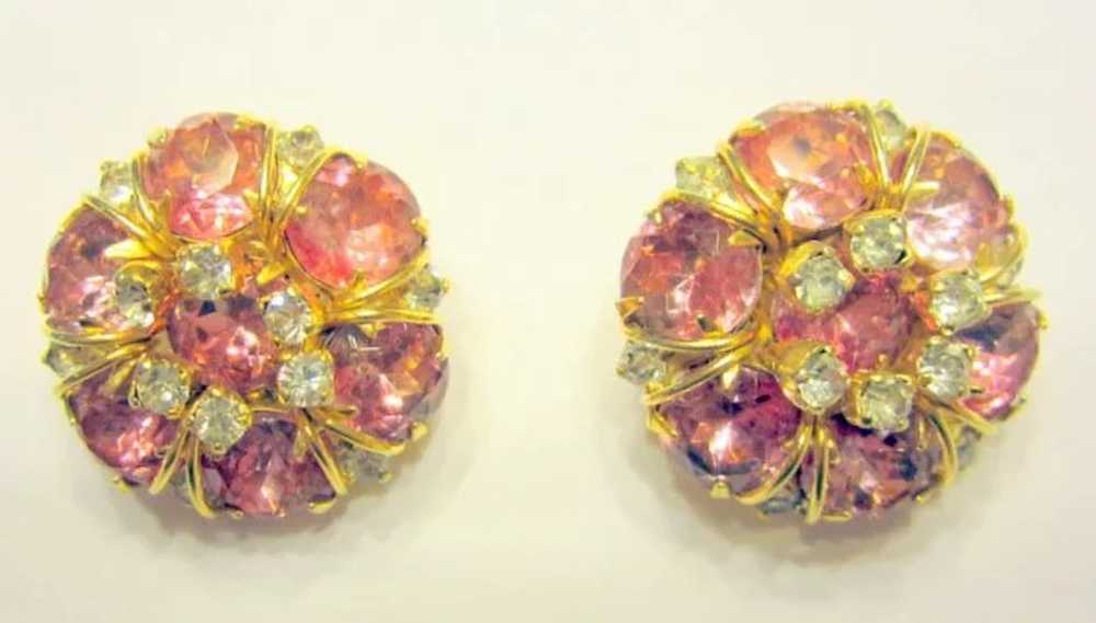 Hattie Carnegie Pink and Clear Rhinestone Clip-On… - image 2