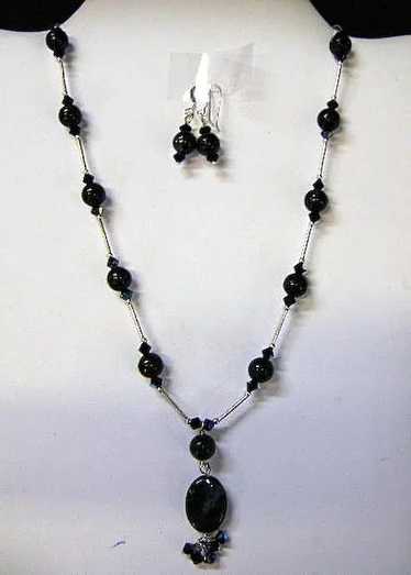 Black Marble  beads with Sterling  Necklace and Ea