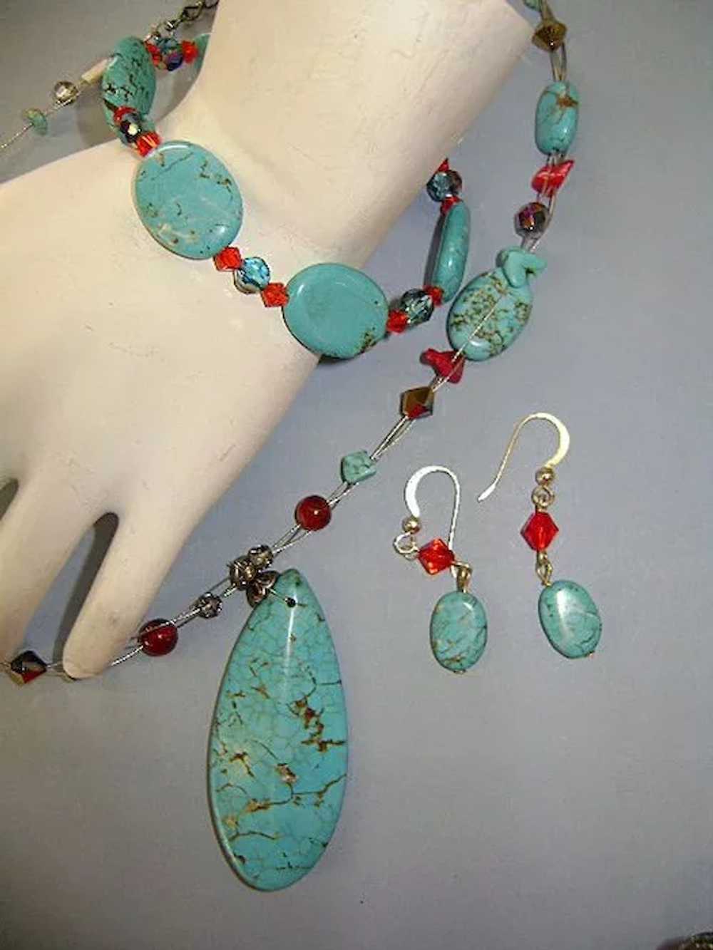 Three Piece Set of Turquoise Swarovski Beads and … - image 5