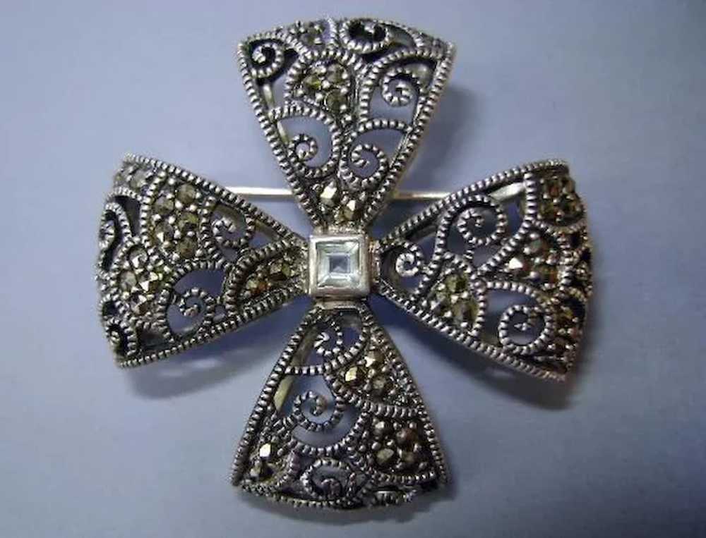 VINTAGE  Sterling Marcasite Bow Brooch Signed - image 1