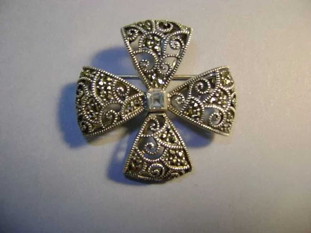 VINTAGE  Sterling Marcasite Bow Brooch Signed - image 2