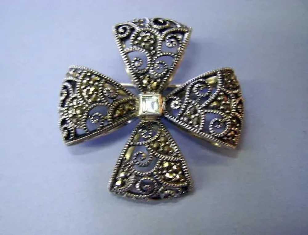 VINTAGE  Sterling Marcasite Bow Brooch Signed - image 6