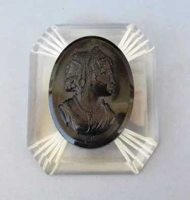 VINTAGE Acrylic Brooch with Black Bakelite Cameo